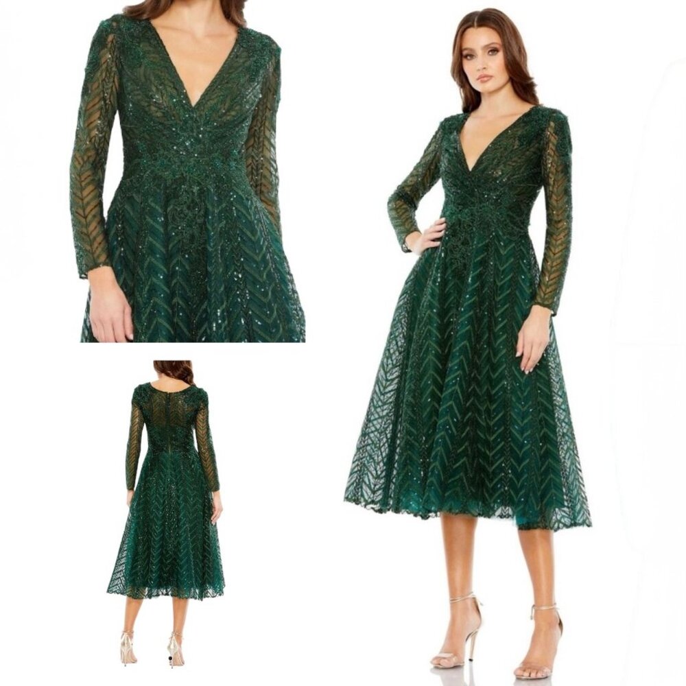 NWT MAC DUGGAL 20399 Long Sleeve Midi Party Dress Wrap Over Size 14 Green